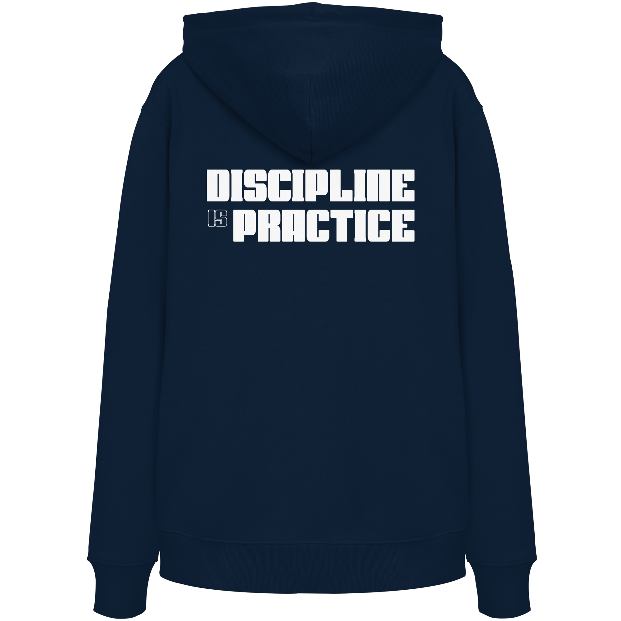DISCPL DISCIPLINE Hoodie Navy Rückansicht Backprint Bio-Baumwolle
