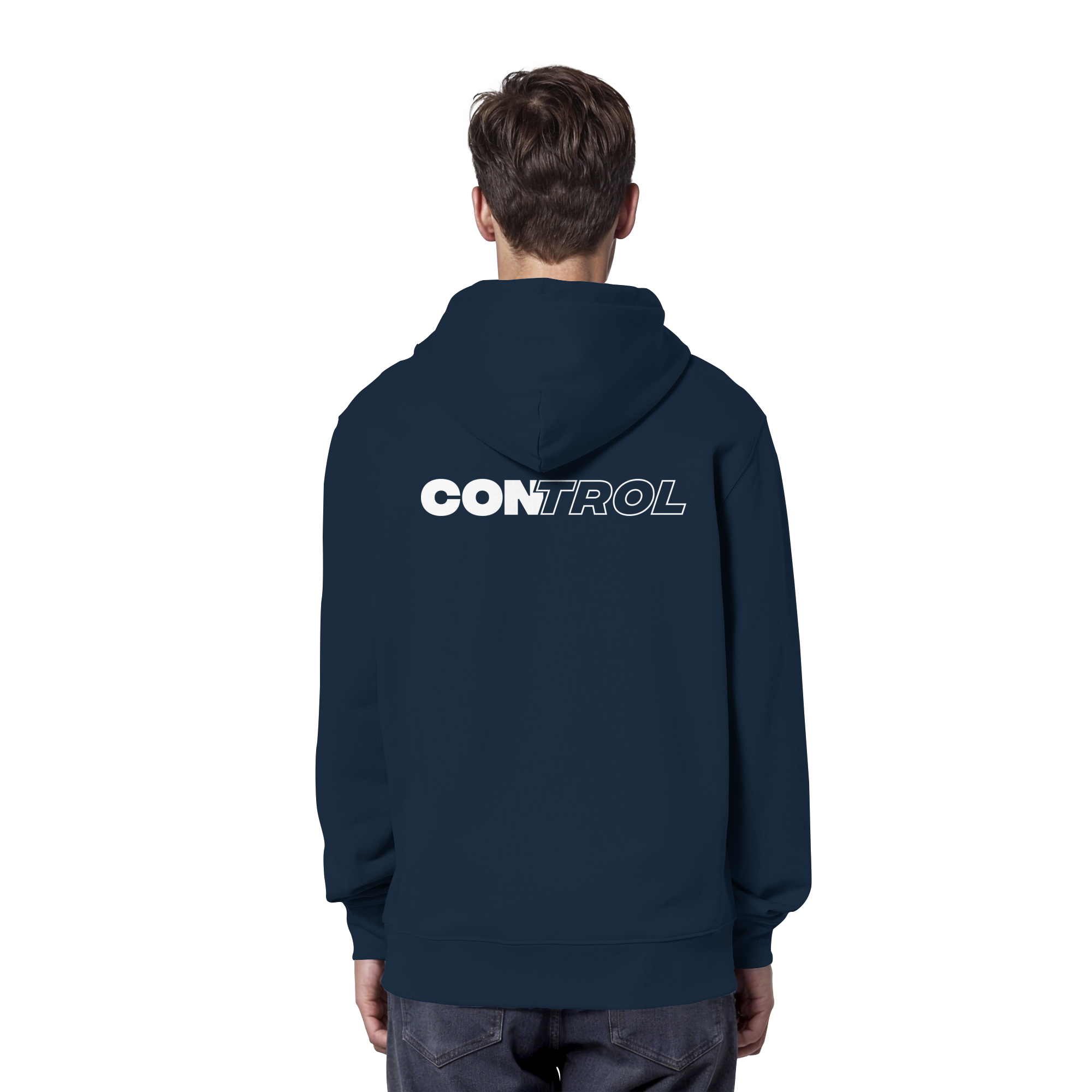 CONTROL Hoodie Navy Rückansicht Backprint Statement Bio-Baumwolle DISCPL