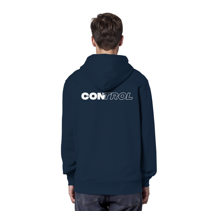 CONTROL Hoodie Navy Rückansicht Backprint Statement Bio-Baumwolle DISCPL