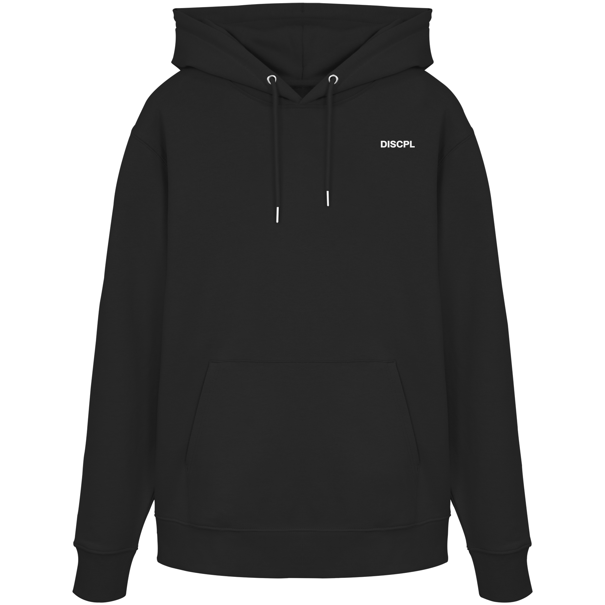 DISCPL CONTROL Hoodie Schwarz Vorderansicht Bio-Baumwolle