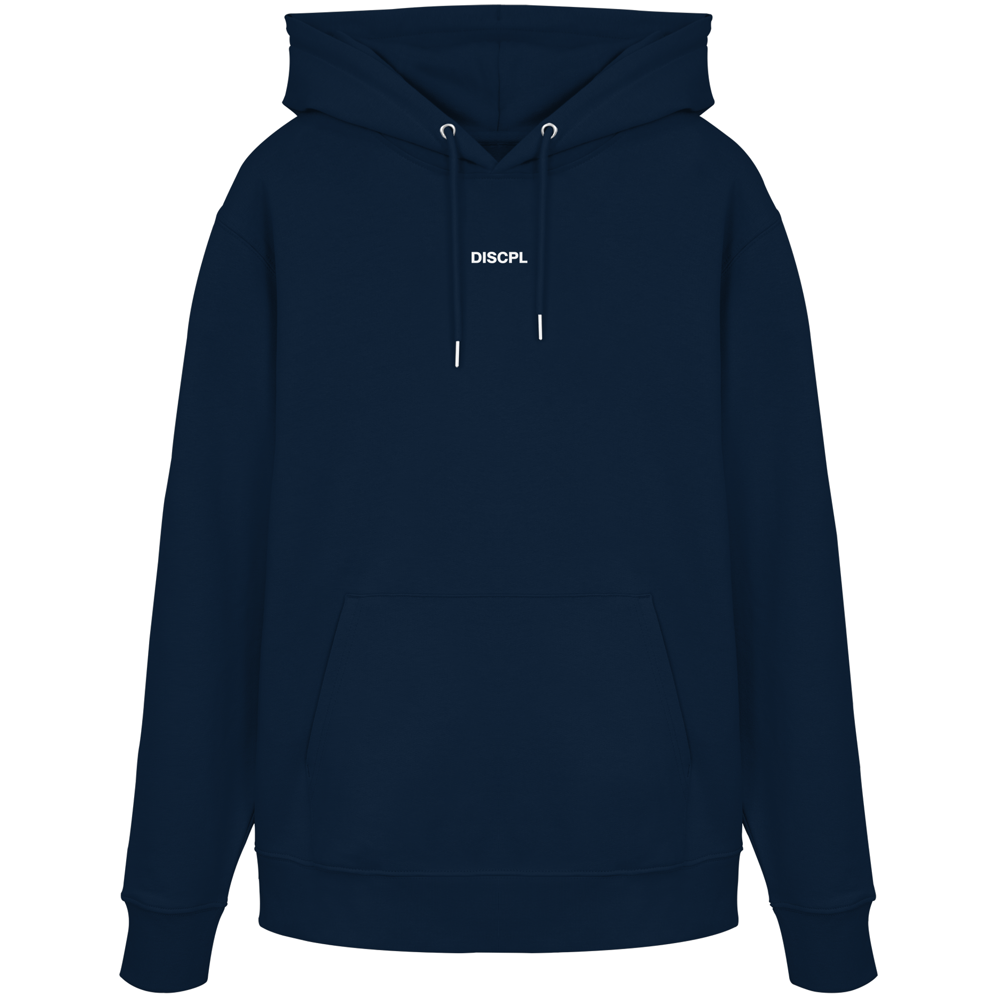 DISCPL DISCIPLINE Hoodie Navy Vorderansicht Bio-Baumwolle