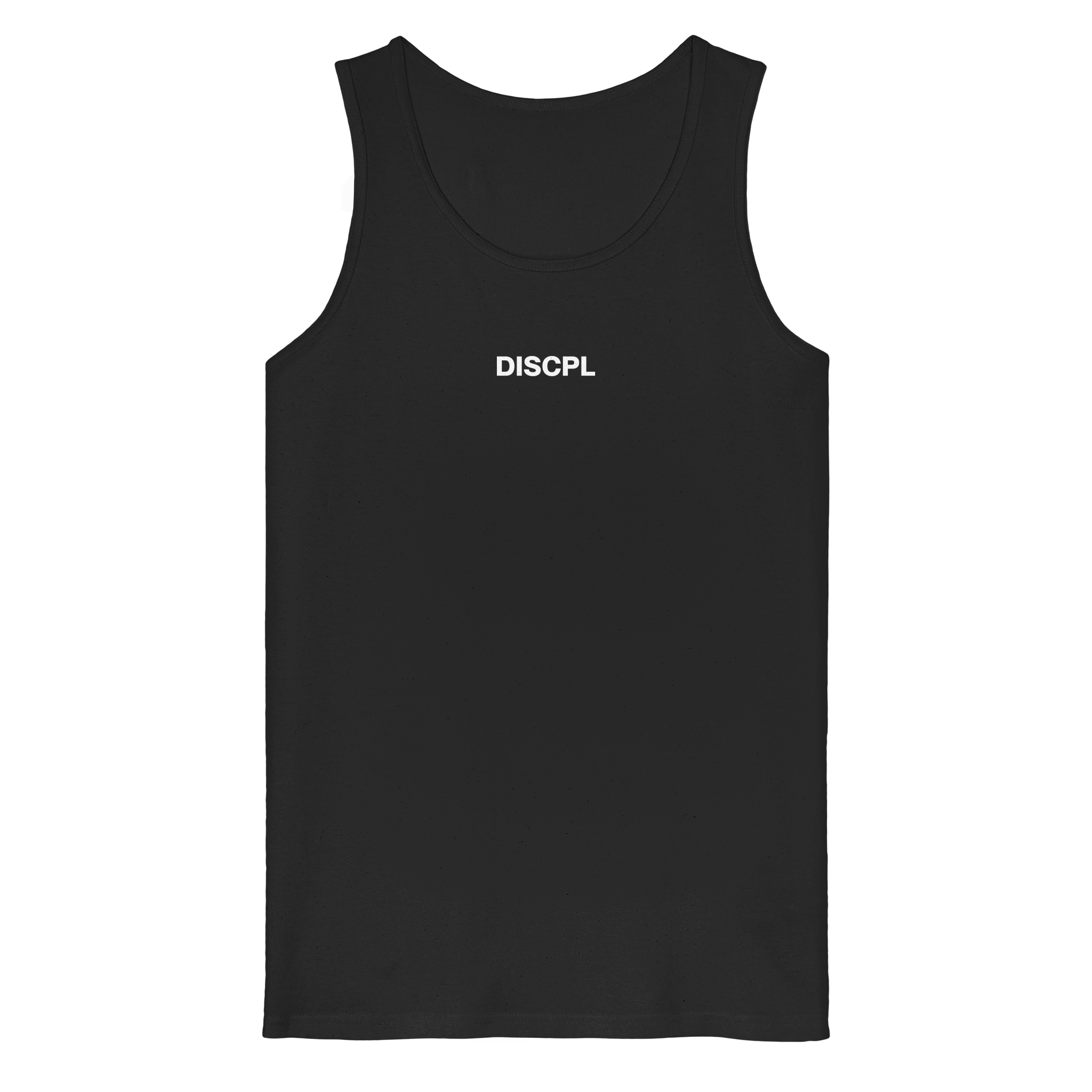DISCPL CORE Tank Top Schwarz Brustprint Vorderansicht Bio-Baumwolle