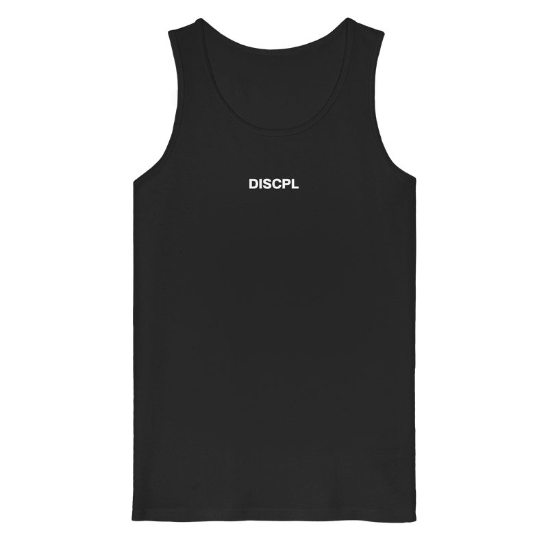 DISCPL CORE Tank Top Schwarz Brustprint Vorderansicht Bio-Baumwolle