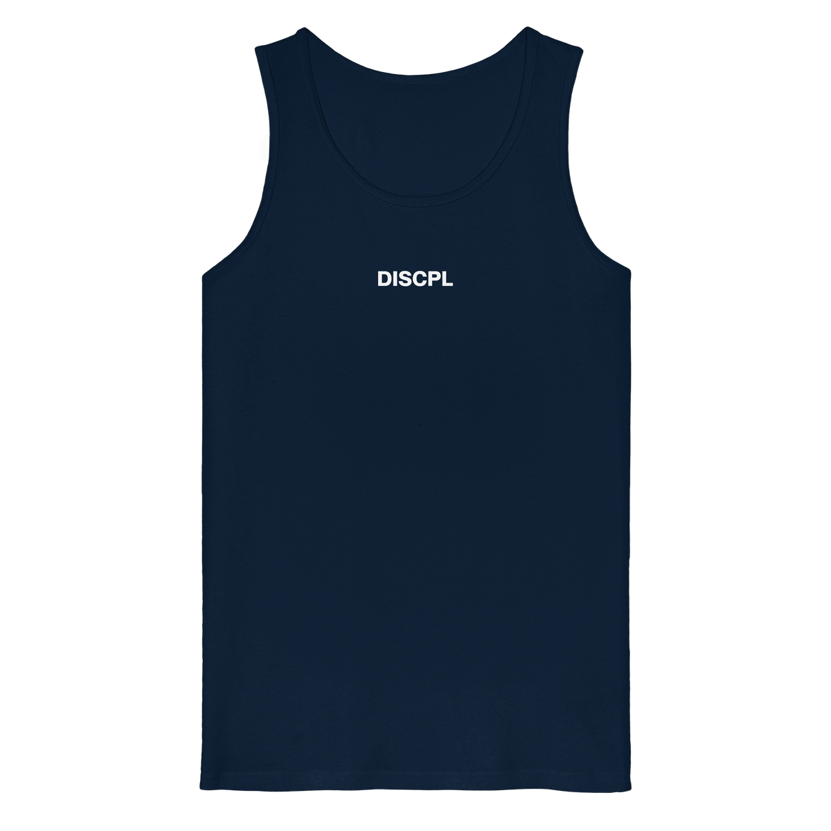 DISCPL CORE Tank Top Navy Brustprint Vorderansicht Bio-Baumwolle