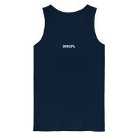 DISCPL CORE Tank Top Navy Brustprint Vorderansicht Bio-Baumwolle