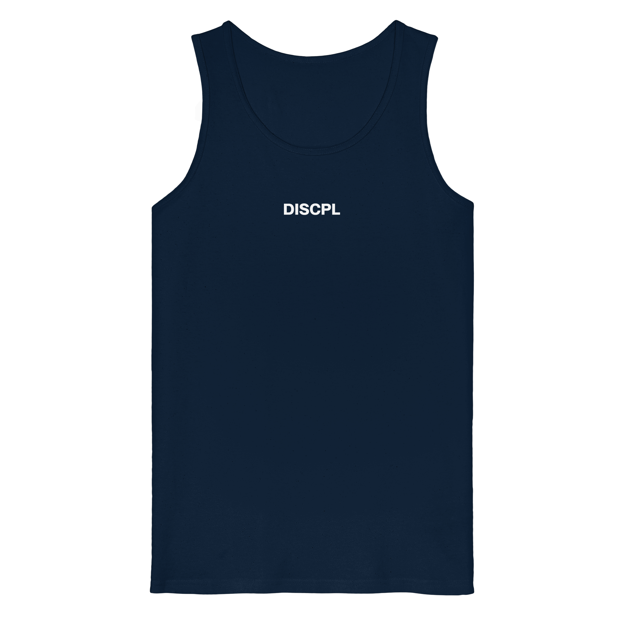 DISCPL CORE Tank Top Navy Brustprint Vorderansicht Bio-Baumwolle